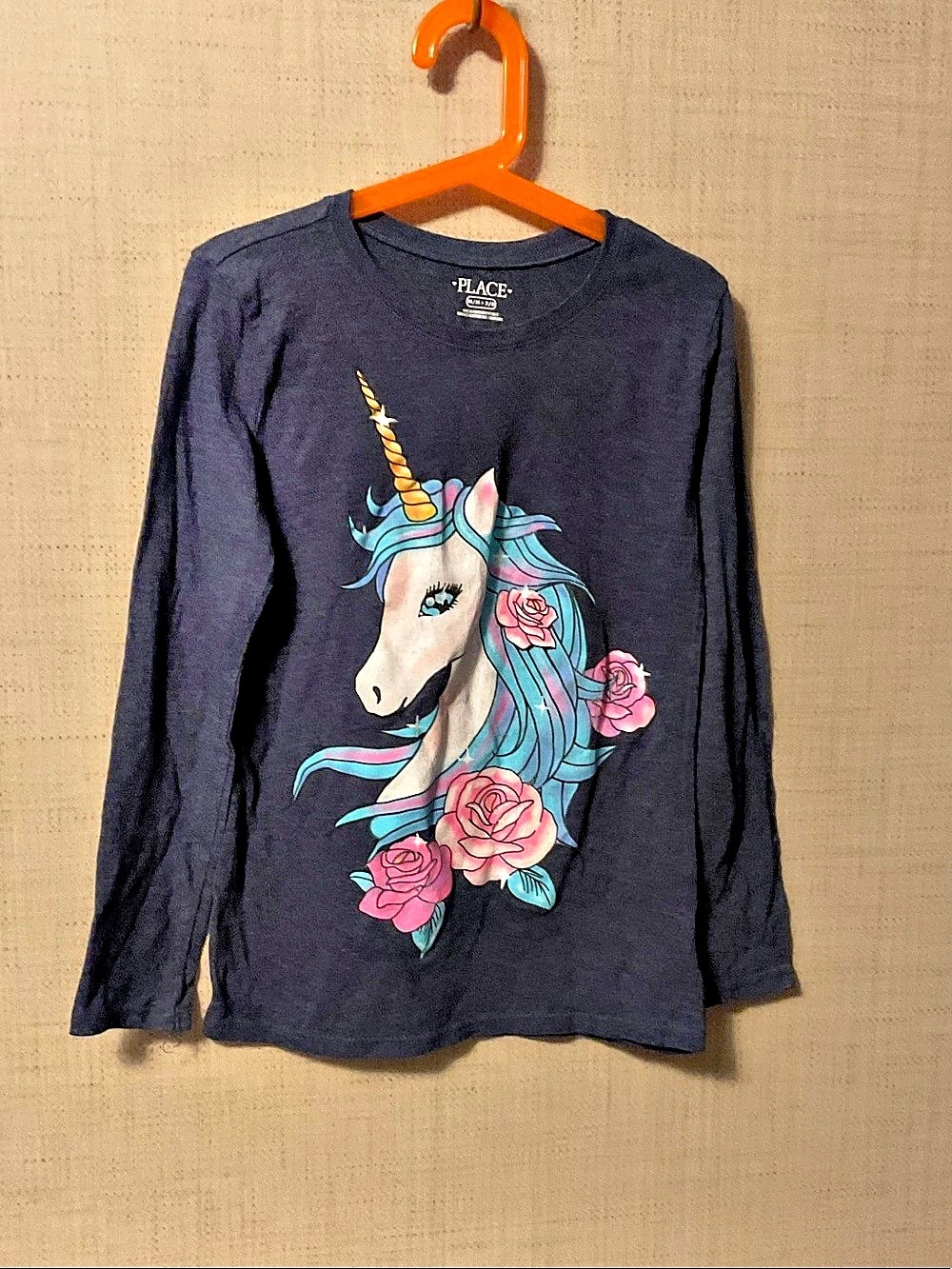 PLACE Unicorn Floral Long Sleeve Tee in Blue & Pink Size Medium